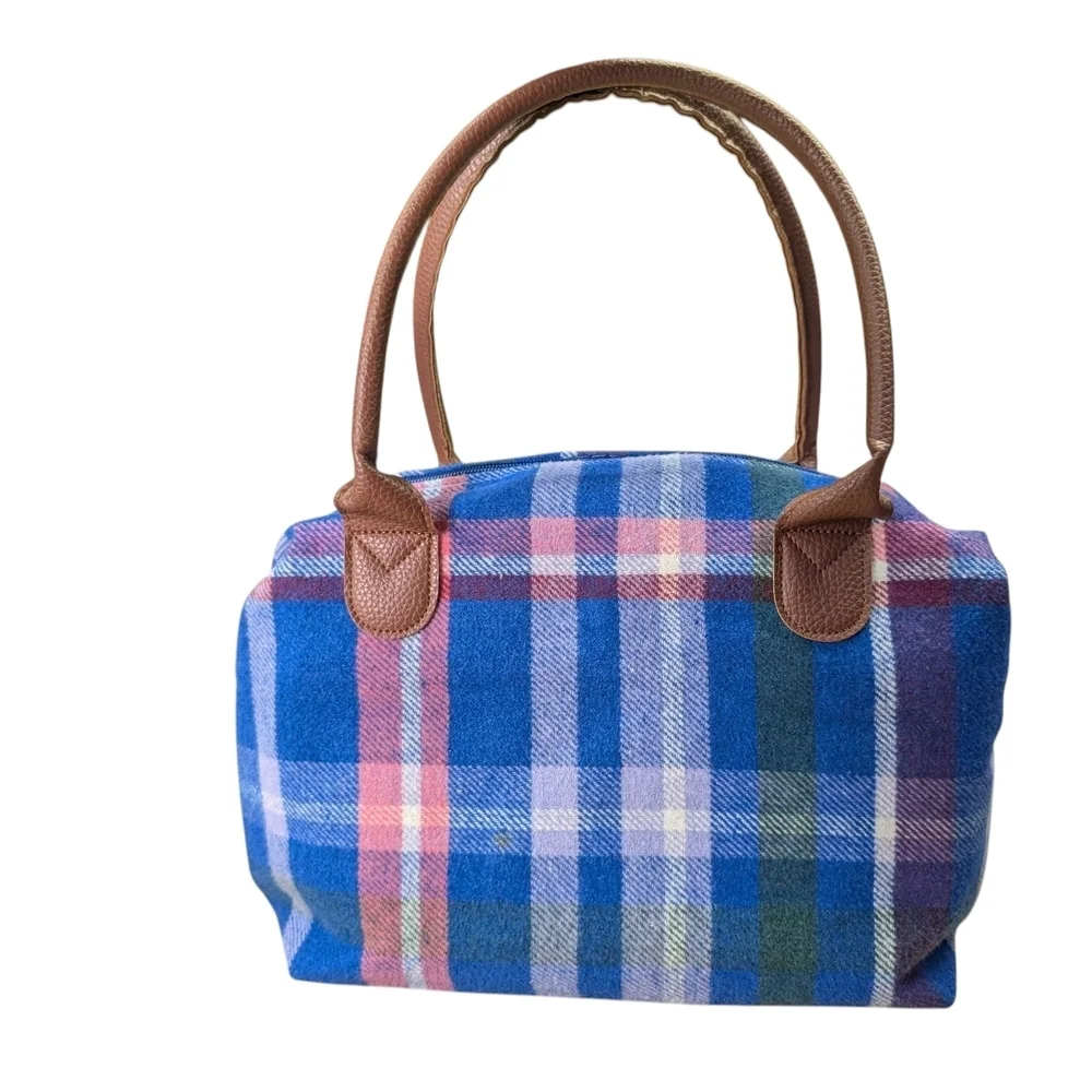 Woman Within Plaid Blue Brown White Pink Green Women's Handbag EUC Zipper Pocket - Picture 2 of 11